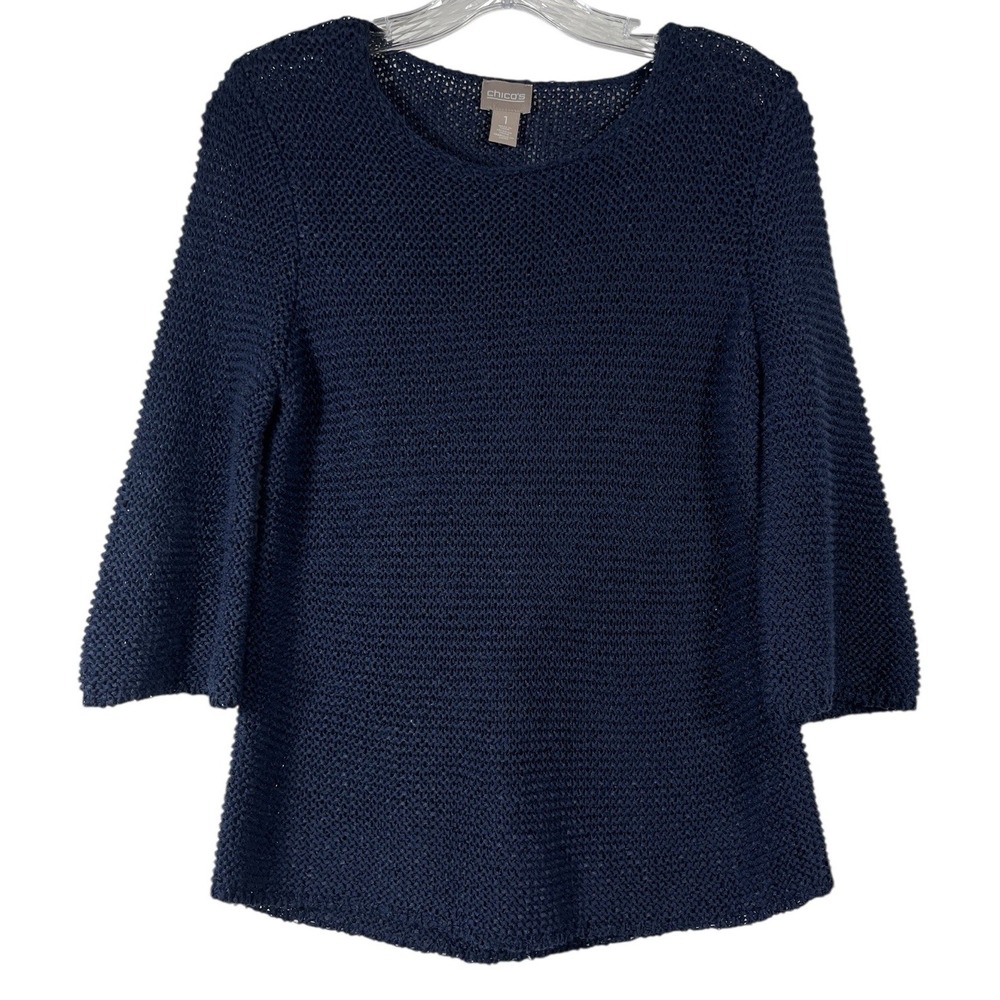 Chico's Sz 1 (S/M) Women's Open Weave Sweater Navy Blue 3/4 Sleeve‎ Nautical
